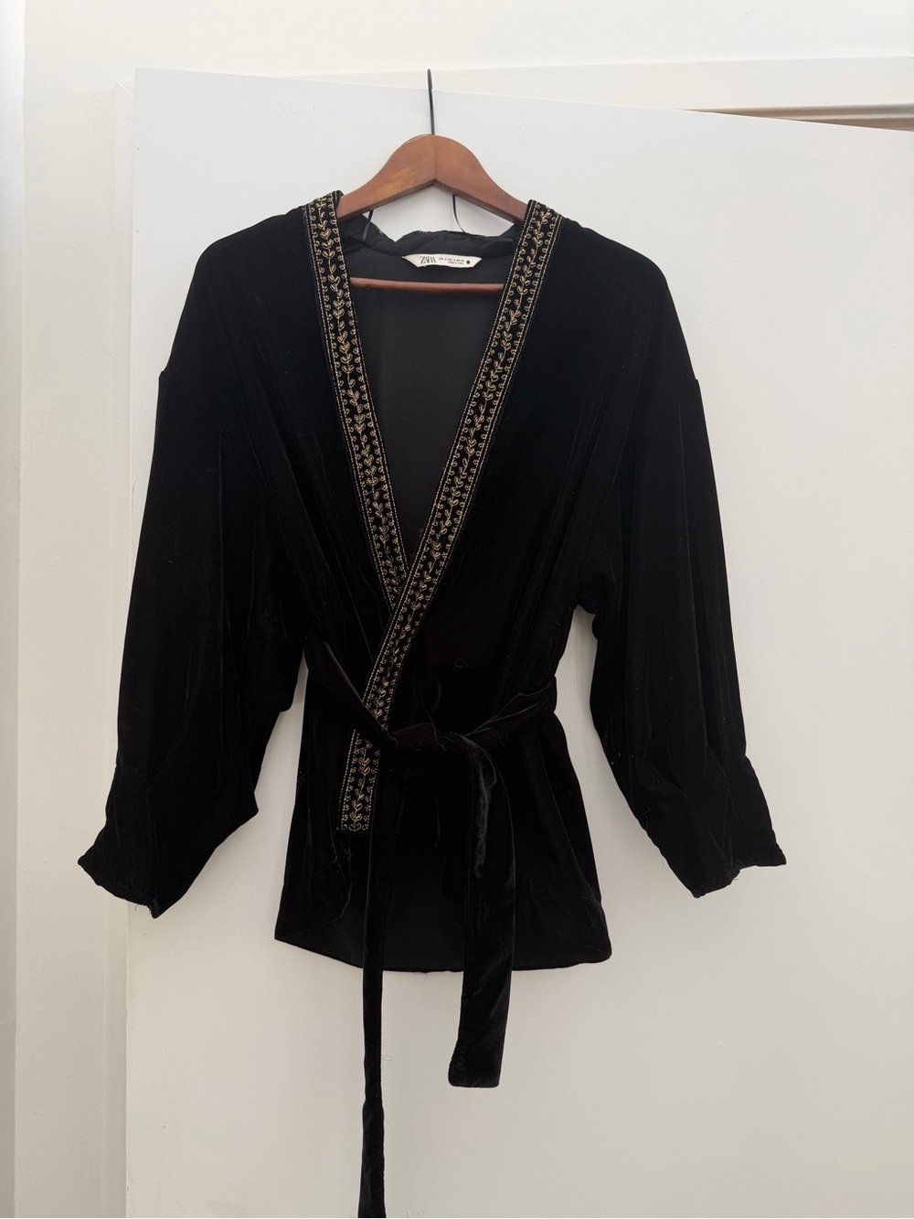 Zara Black Velvet Wrap Robe with Gold Embroidered Trim
